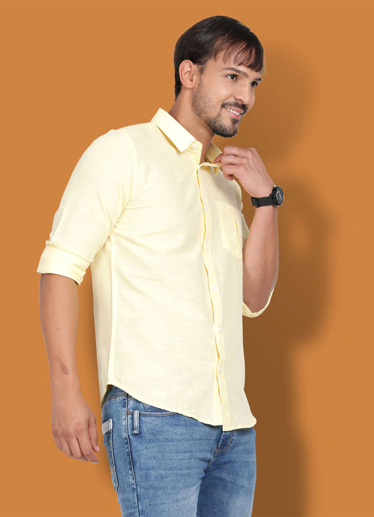 Solid Cotton Slim Fit Yellow Shirt
