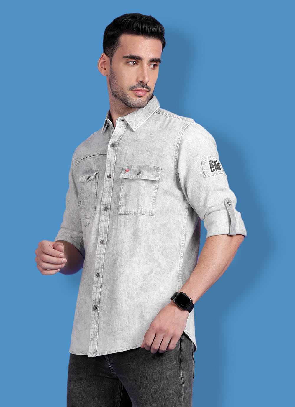 Solid Slim Fit Grey Denim Shirt with Utility Pockets