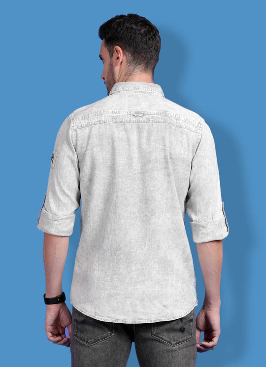 Solid Slim Fit Grey Denim Shirt with Utility Pockets
