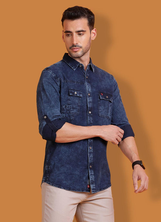 Solid Slim Fit Navy Denim Shirt with Utility Pockets