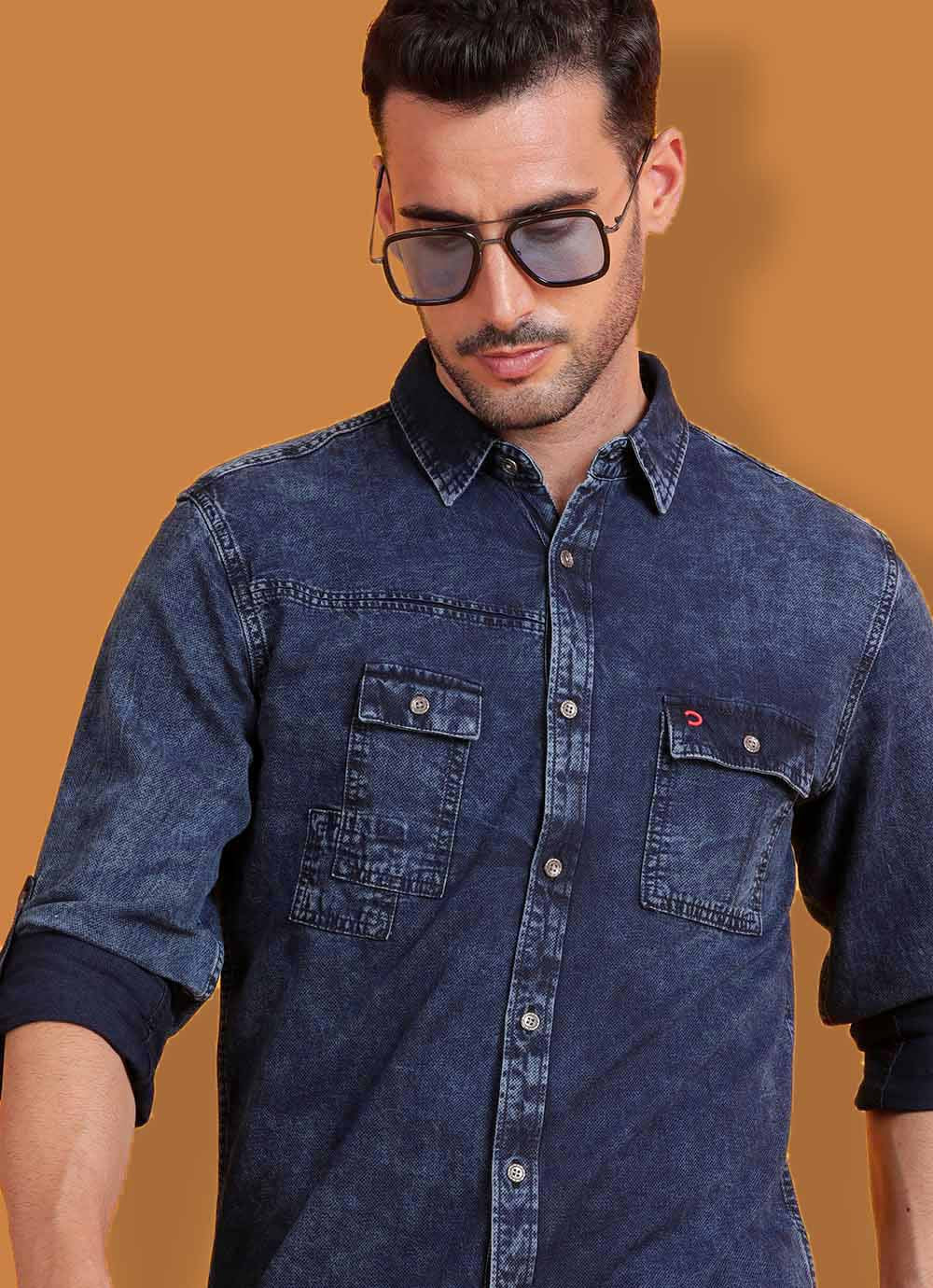 Solid Slim Fit Navy Denim Shirt with Utility Pockets