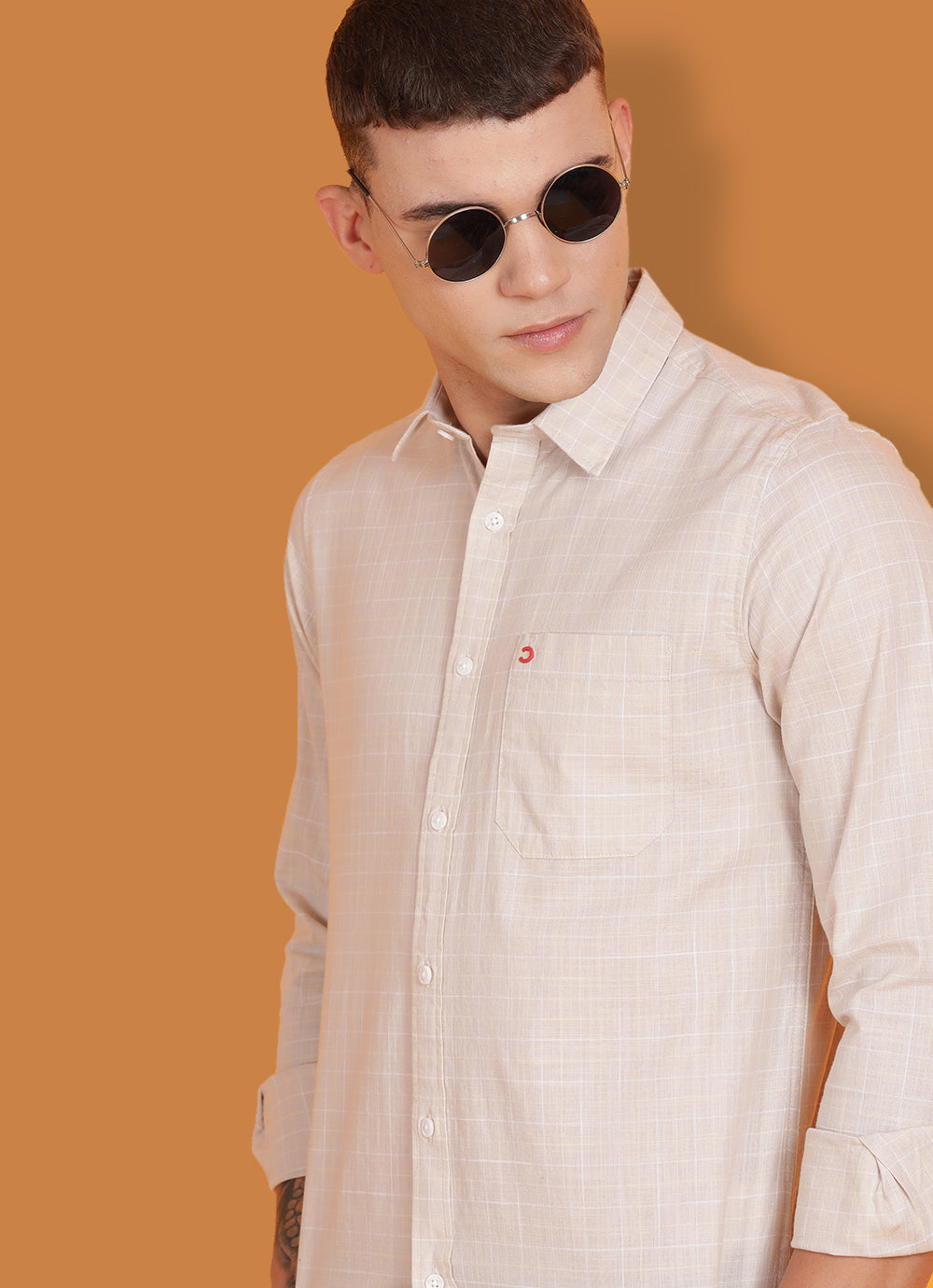 Beige Pure Cotton Checkered Slim Fit Shirt with Single Patch Pocket