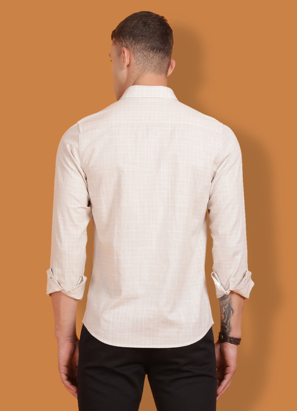 Beige Pure Cotton Checkered Slim Fit Shirt with Single Patch Pocket