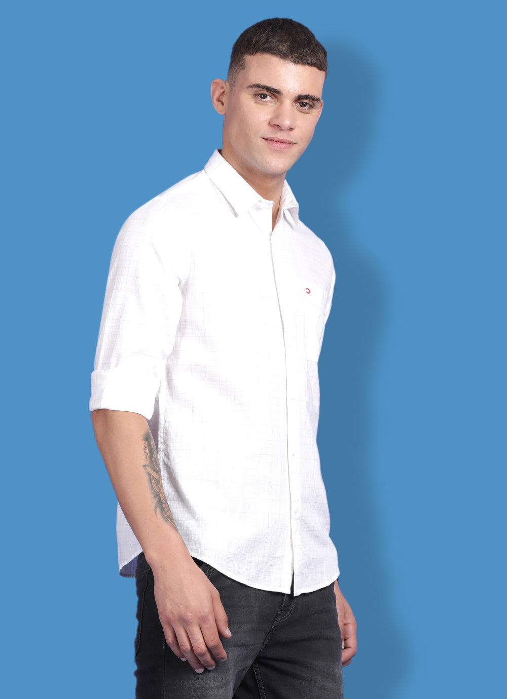 White Pure Cotton Checkered Slim Fit Shirt with Single Patch Pocket