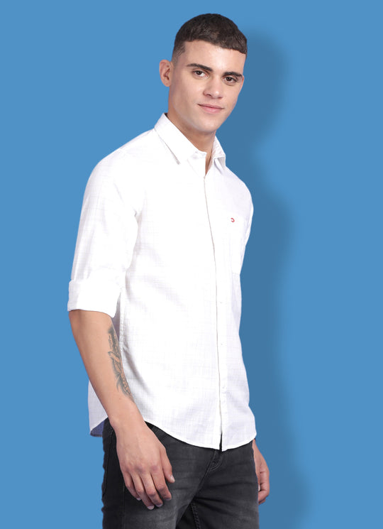 White Pure Cotton Checkered Slim Fit Shirt with Single Patch Pocket