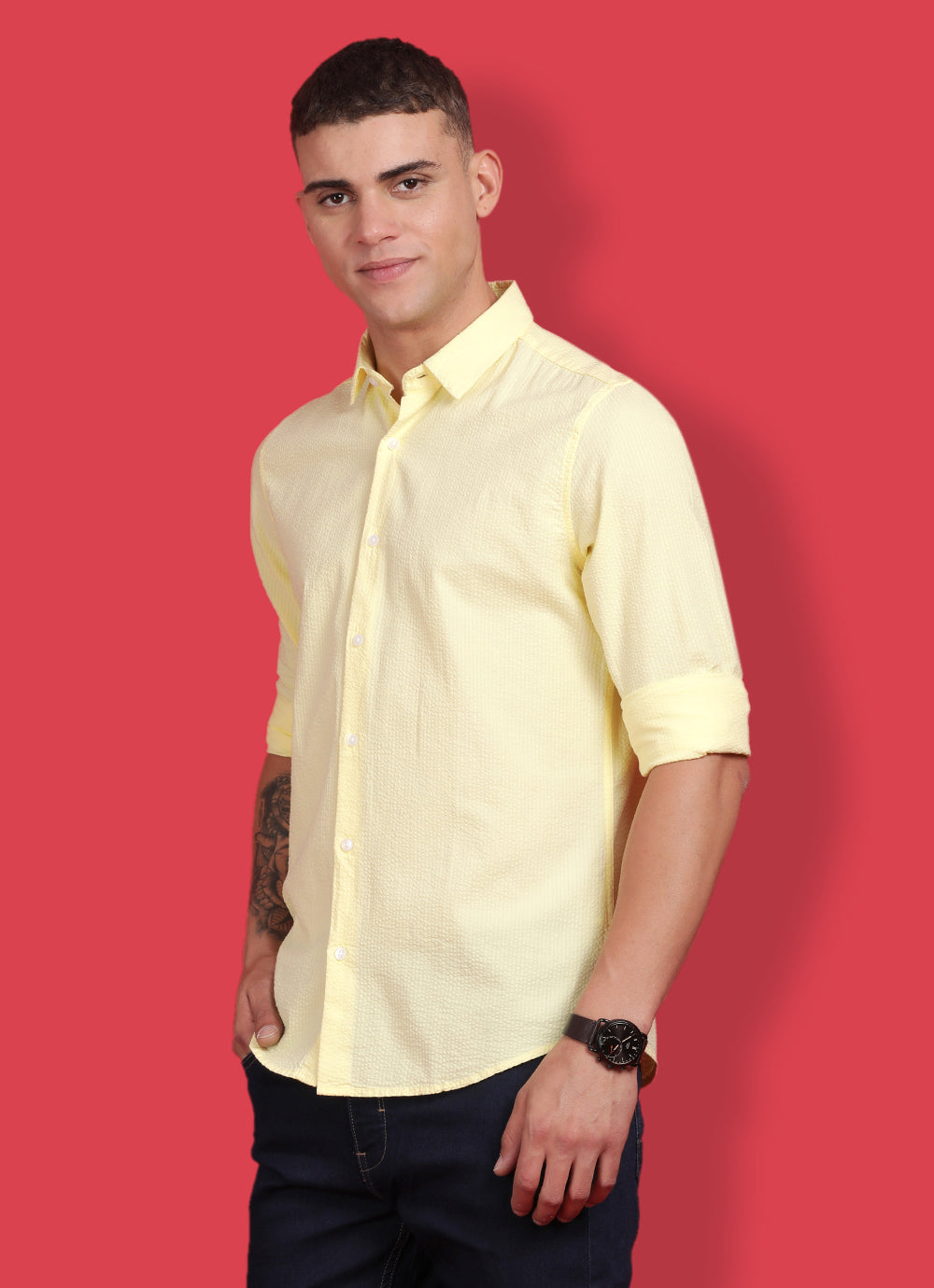 Yellow Pure Cotton Solid Slim Fit Shirt