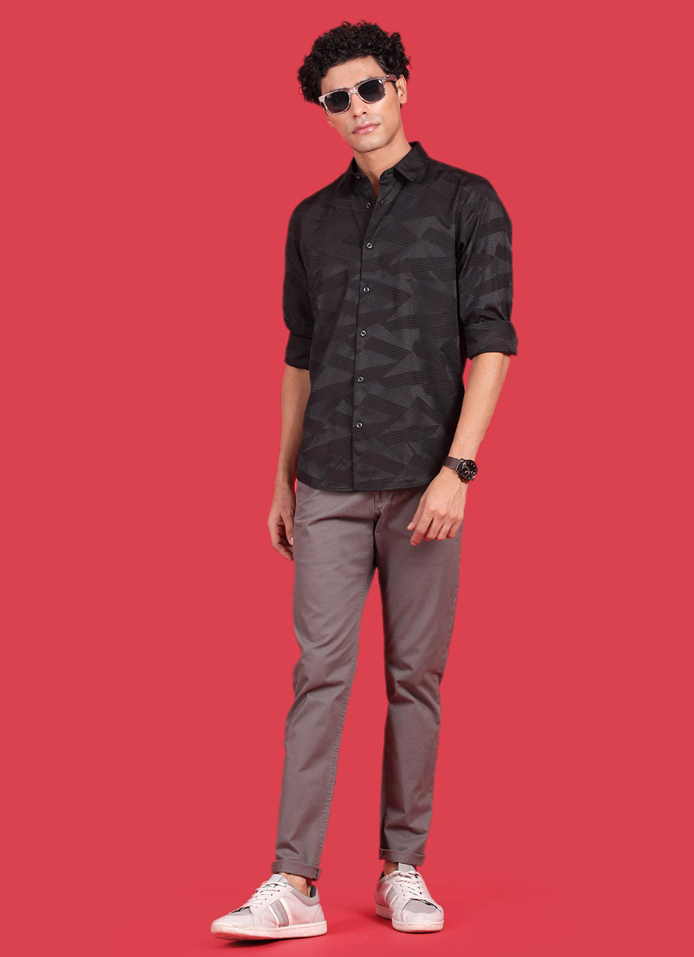 Black Cotton Jacquard Slim Fit Solid Shirt With Patch Pocket
