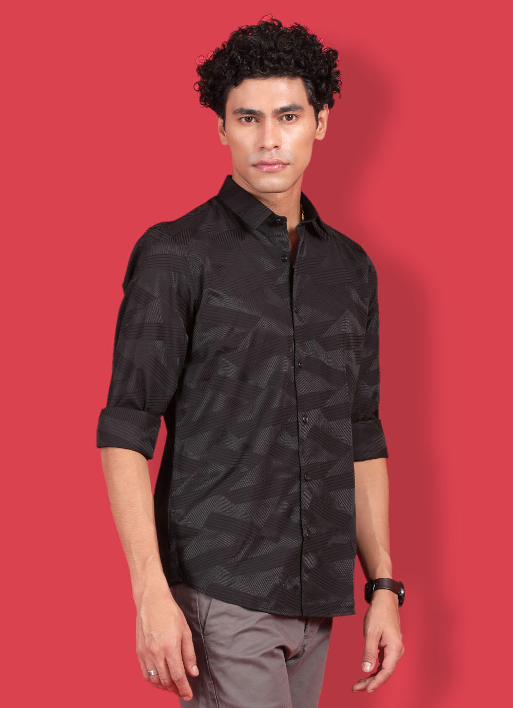 Black Cotton Jacquard Slim Fit Solid Shirt With Patch Pocket