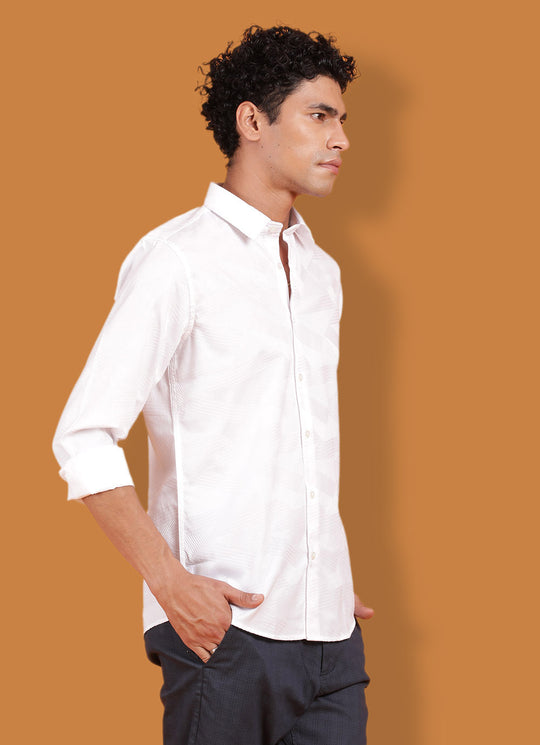 White Cotton Jacquard Slim Fit Solid Shirt With Patch Pocket