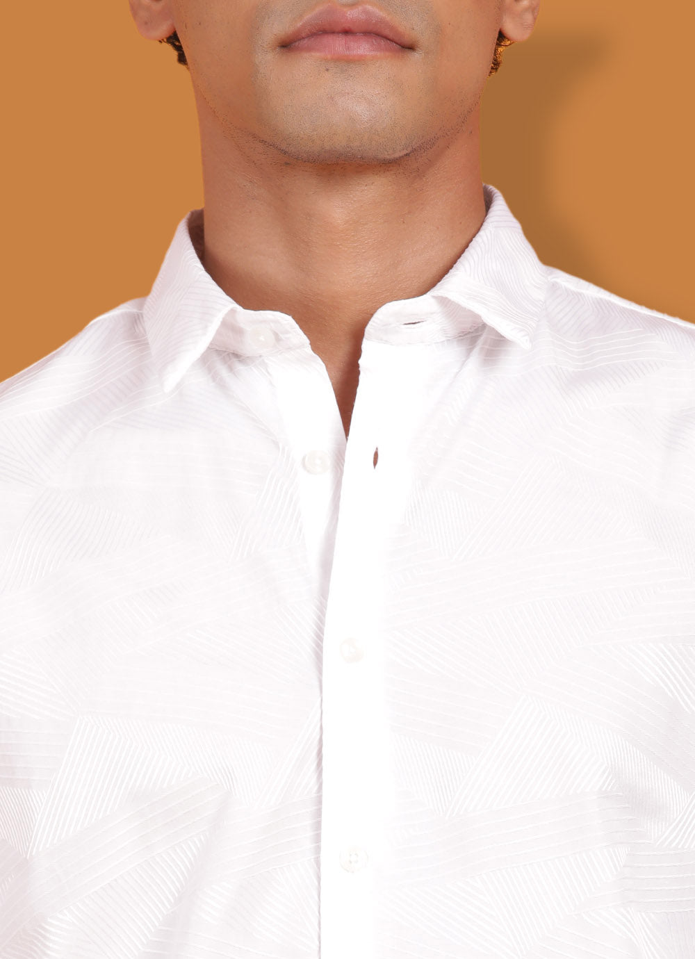 White Cotton Jacquard Slim Fit Solid Shirt With Patch Pocket