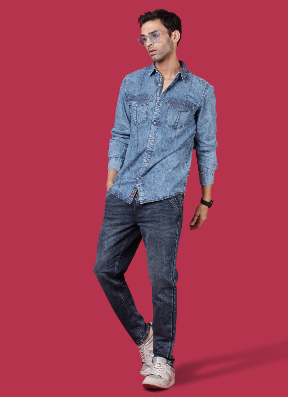 Twill Denim Slim Fit Navy Shirt with Double Pockets