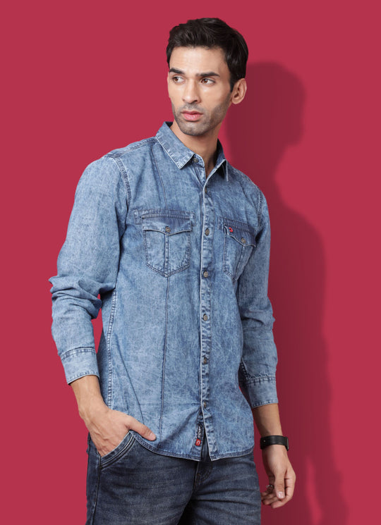 Twill Denim Slim Fit Navy Shirt with Double Pockets