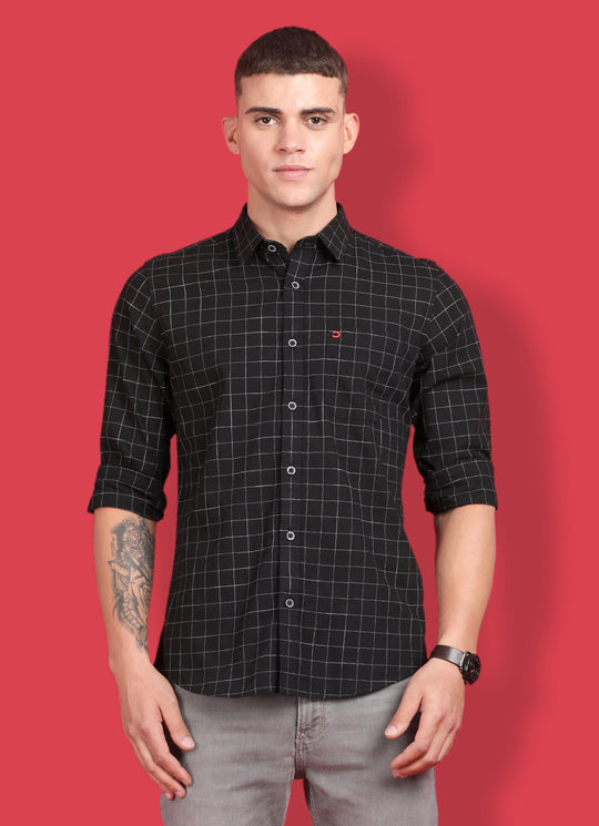 Black Pure Cotton Checkered Slim Fit Shirt with Single Patch Pocket