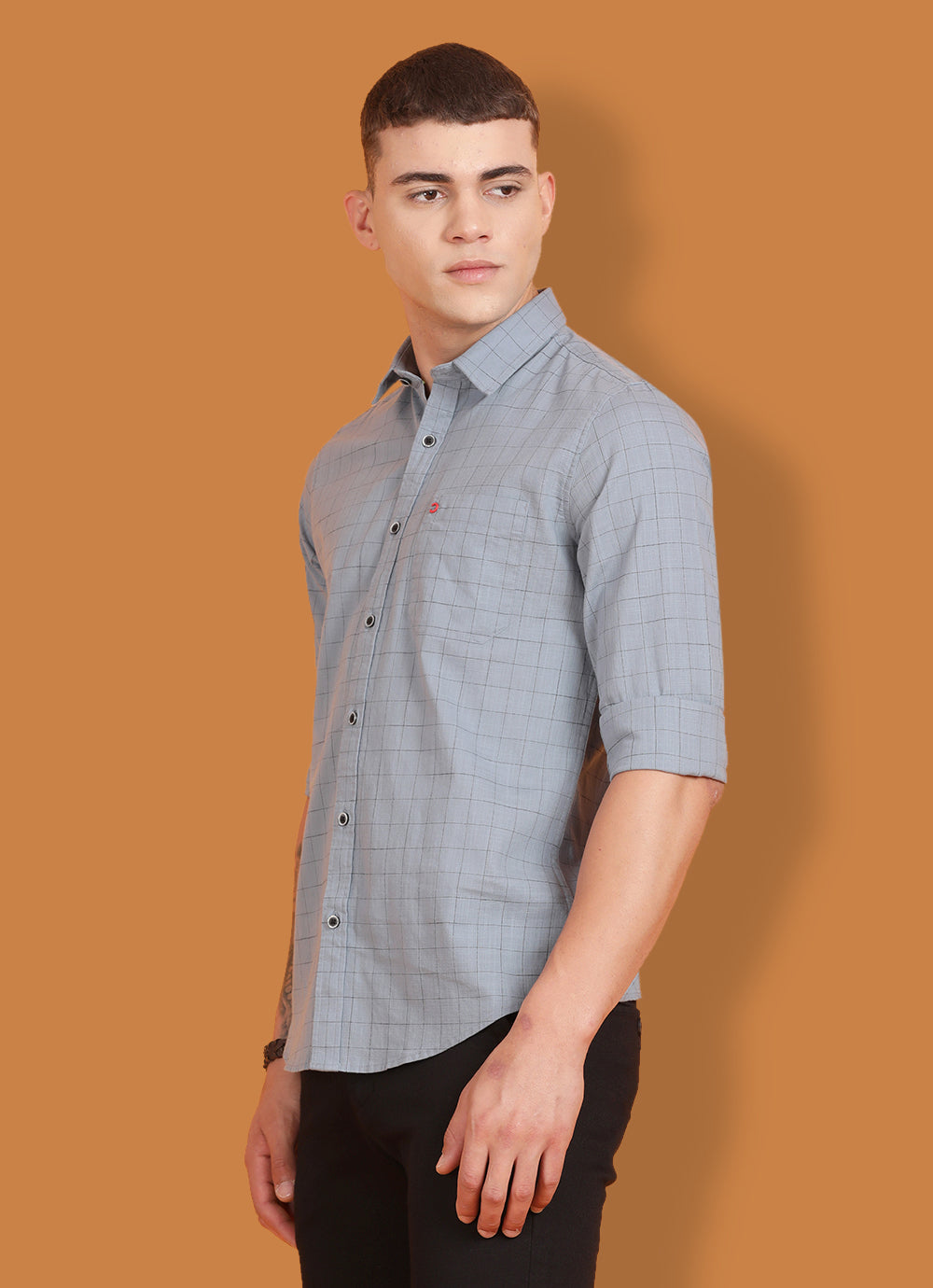 Grey Pure Cotton Checkered Slim Fit Shirt with Single Patch Pocket