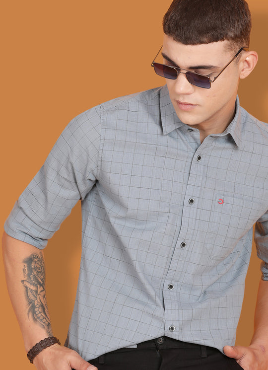 Grey Pure Cotton Checkered Slim Fit Shirt with Single Patch Pocket