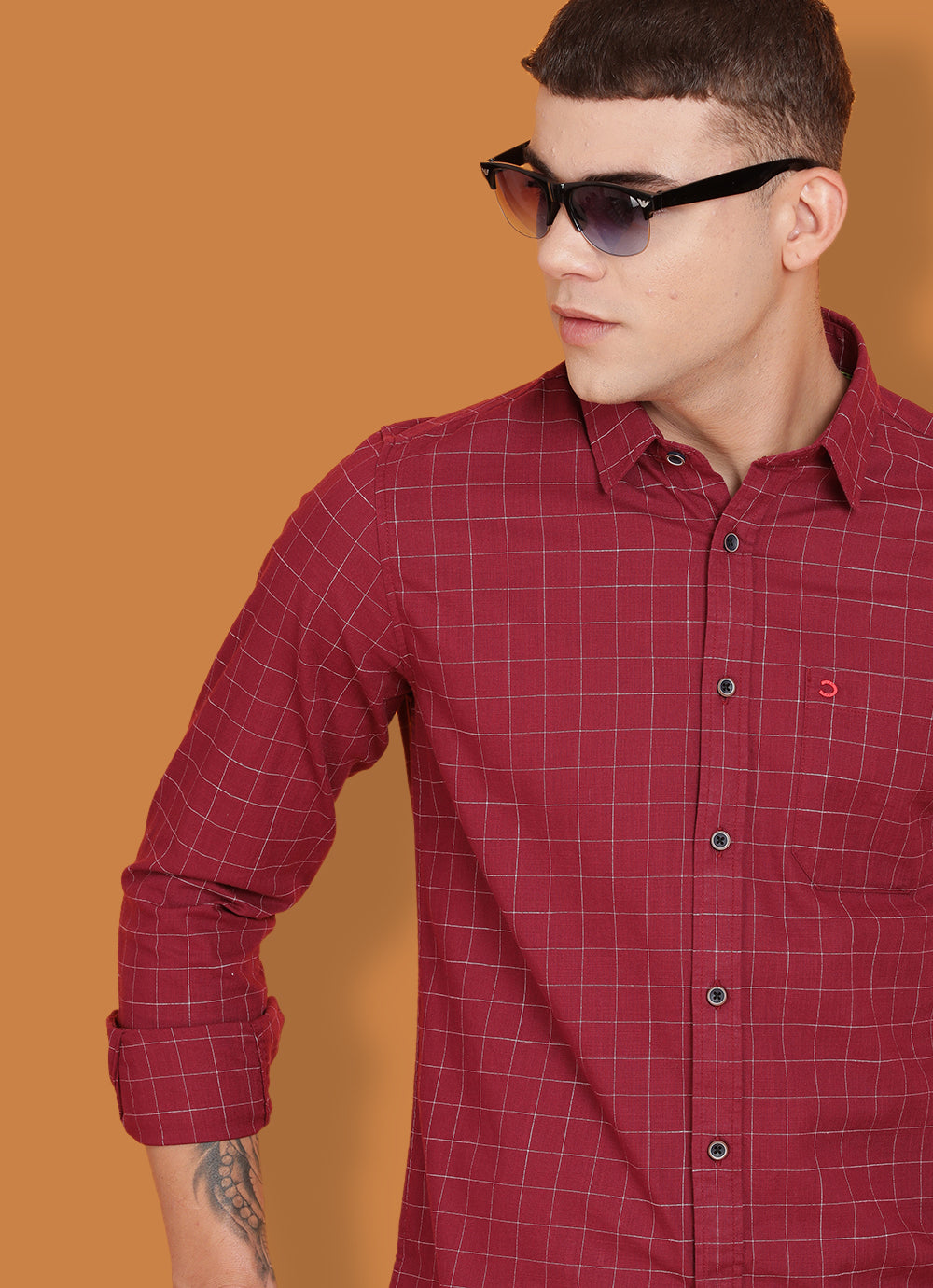 Maroon Pure Cotton Checkered Slim Fit Shirt with Single Patch Pocket