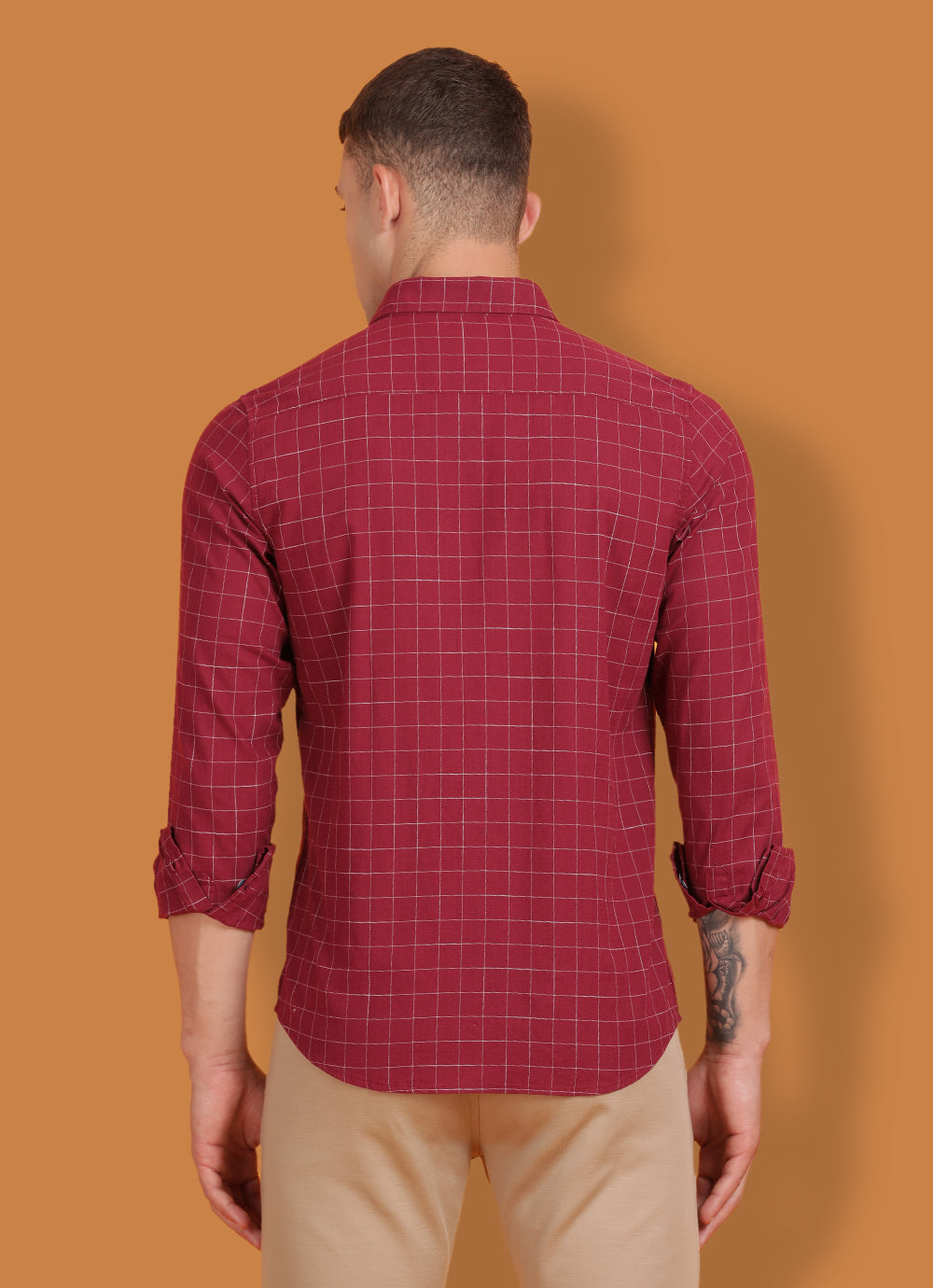 Maroon Pure Cotton Checkered Slim Fit Shirt with Single Patch Pocket