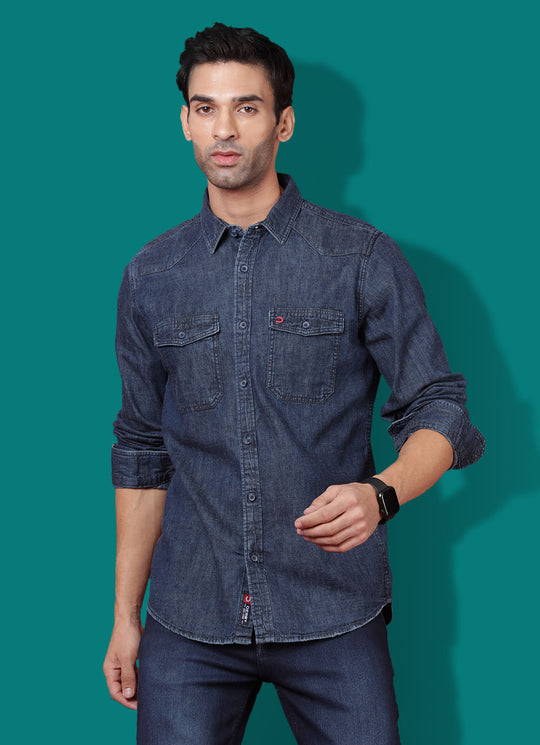 Towel Wash Denim Slim Fit Shirt with Double Pockets