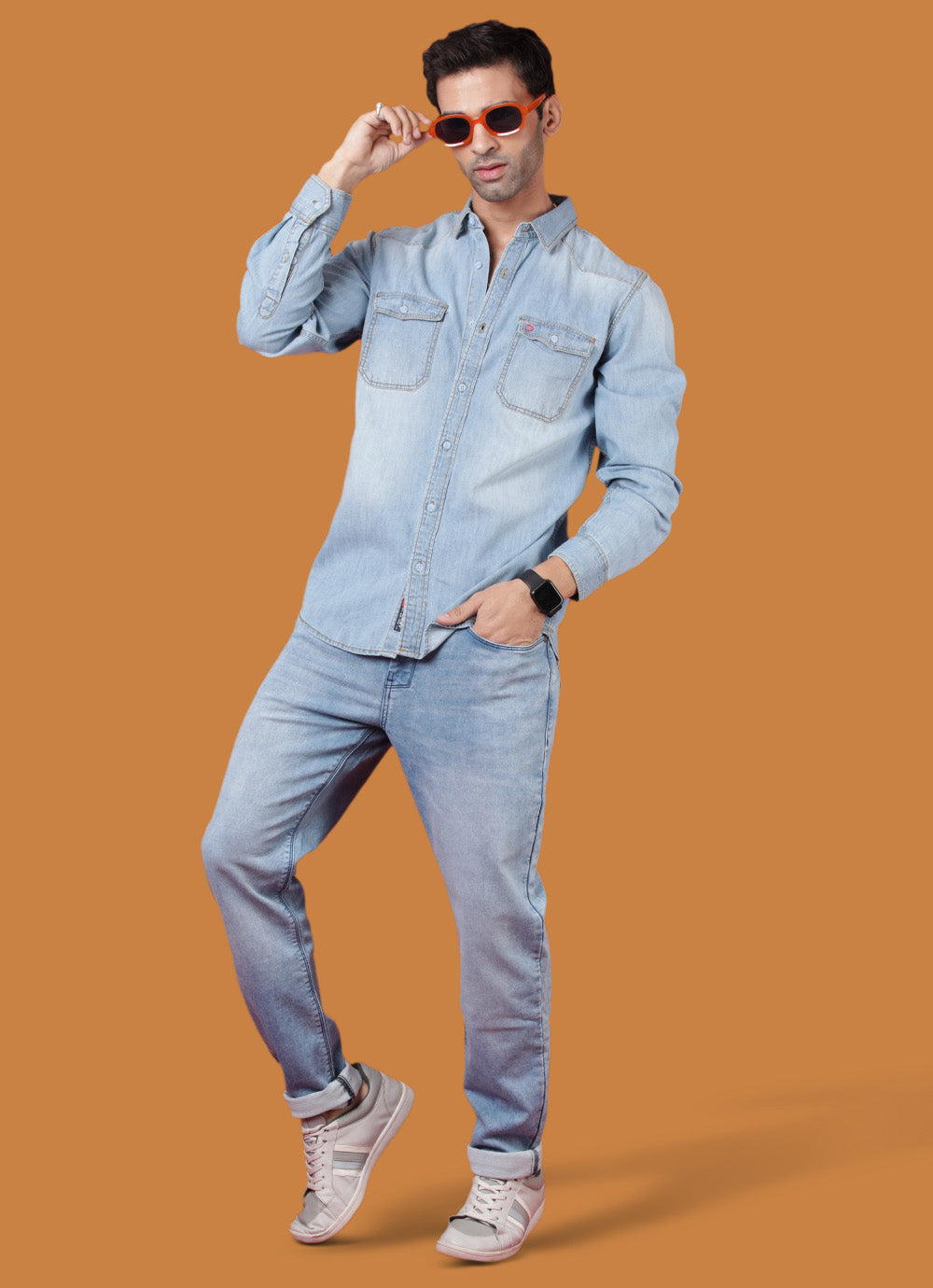 Ice Wash Denim Slim Fit Shirt with Double Pockets