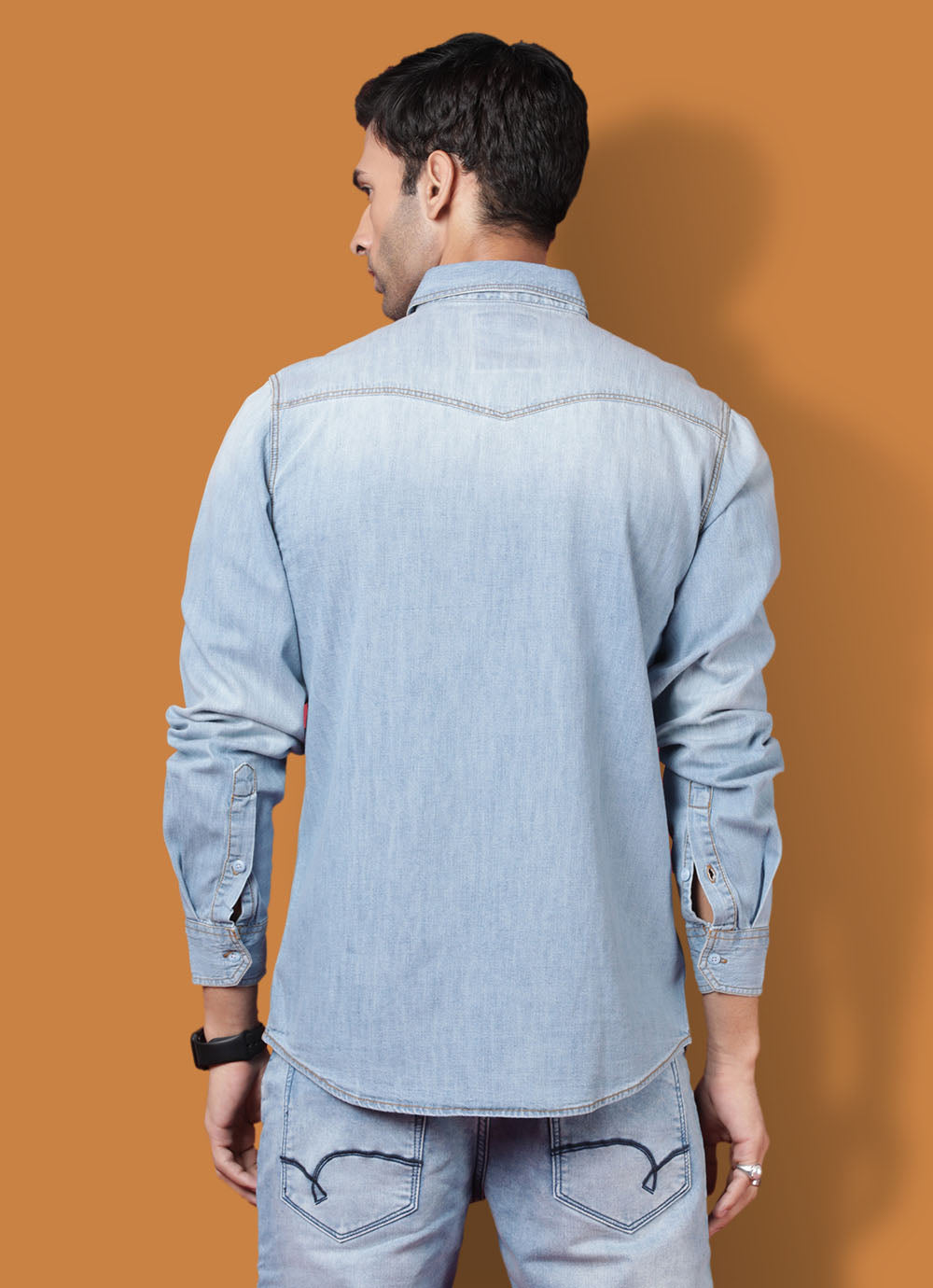 Ice Wash Denim Slim Fit Shirt with Double Pockets