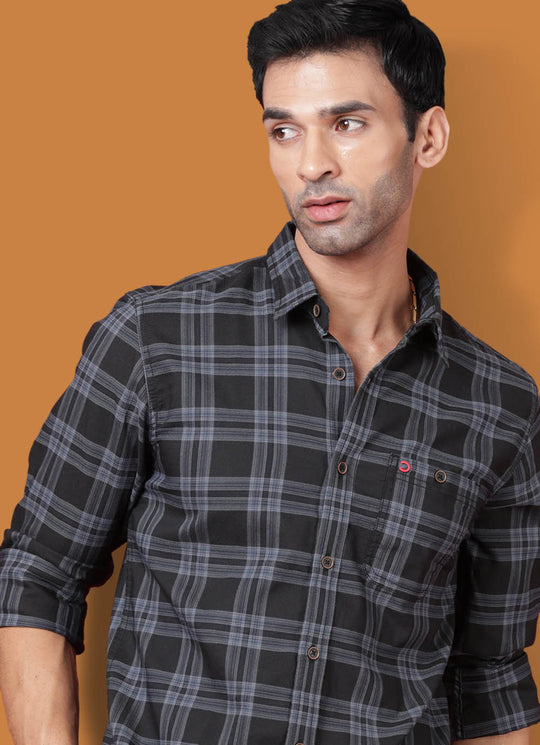 Checkered Cotton Slim Fit Black Shirt with Patch Pocket