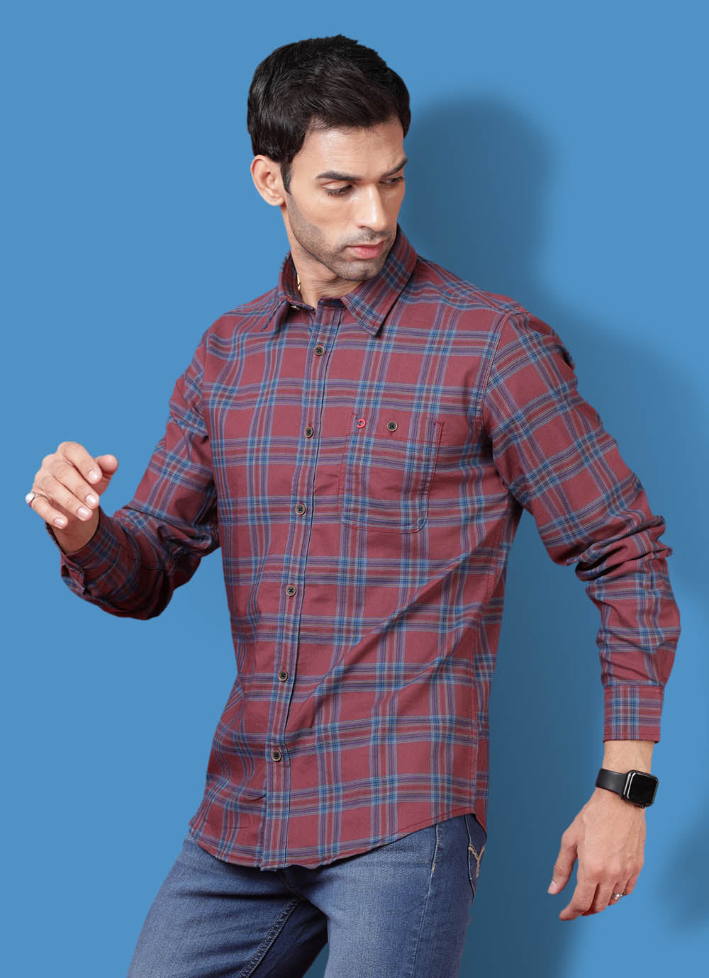 Checkered Cotton Slim Fit Maroon Shirt with Patch Pocket