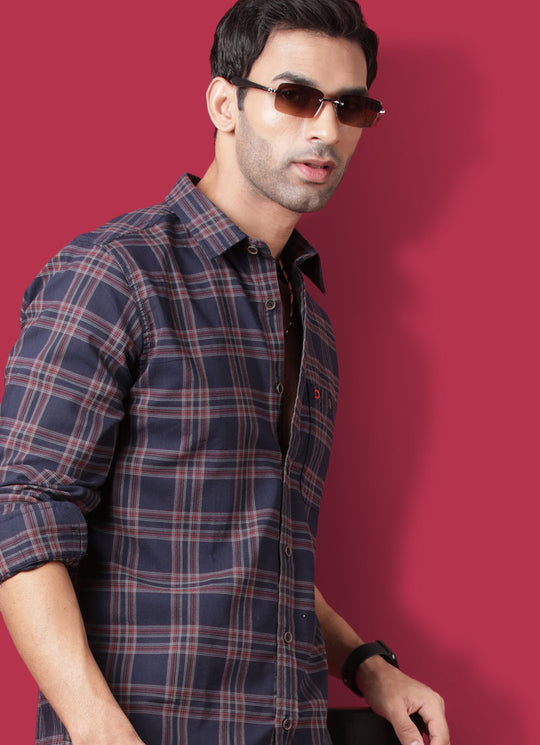 Checkered Cotton Slim Fit Navy Shirt with Patch Pocket