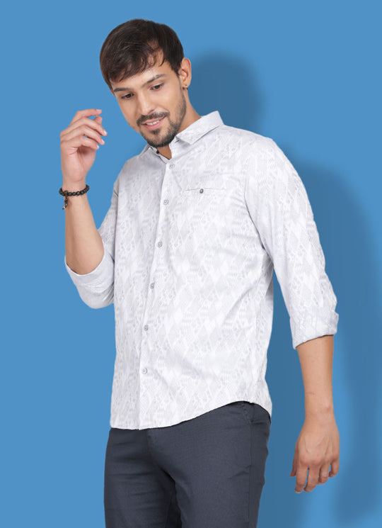 Grey Printed Cotton Slim Fit Shirt with Single Welt Pocket