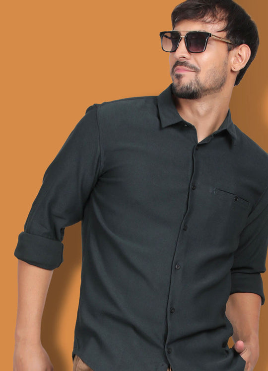 Cotton Slim Fit Green Shirt with Single Welt Pocket