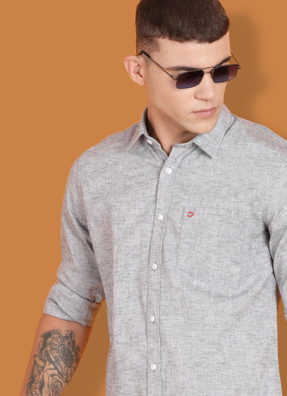 Grey Cotton Linen Solid Slim Fit Shirt