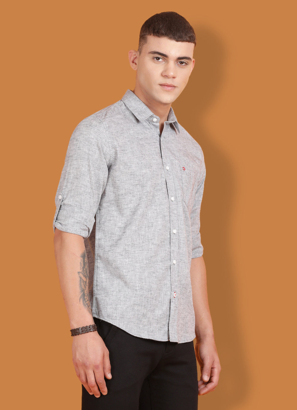 Grey Cotton Linen Solid Slim Fit Shirt