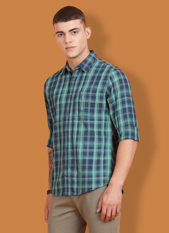 Green Indigo Checkered Slim Fit Shirt