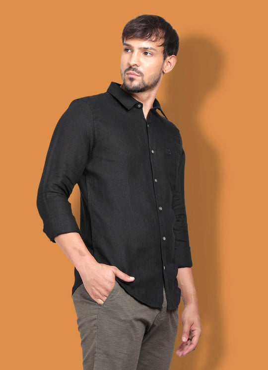 Pure Linen Fit Black Shirt with Patch Pocket