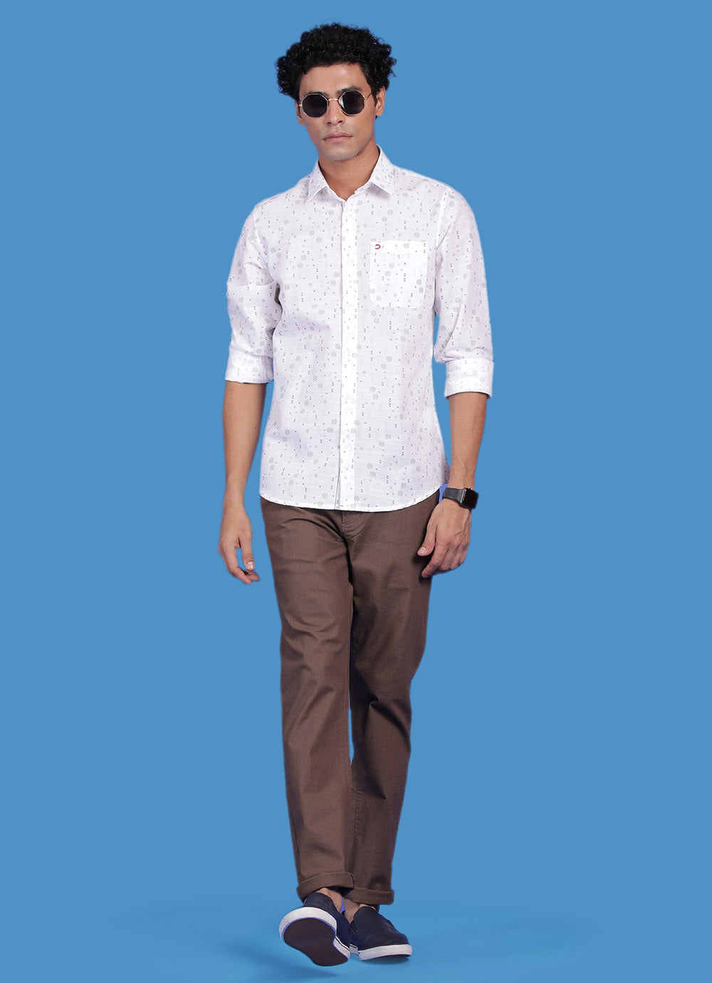 White Cotton Slim Fit Printed Shirt With Patch Pocket