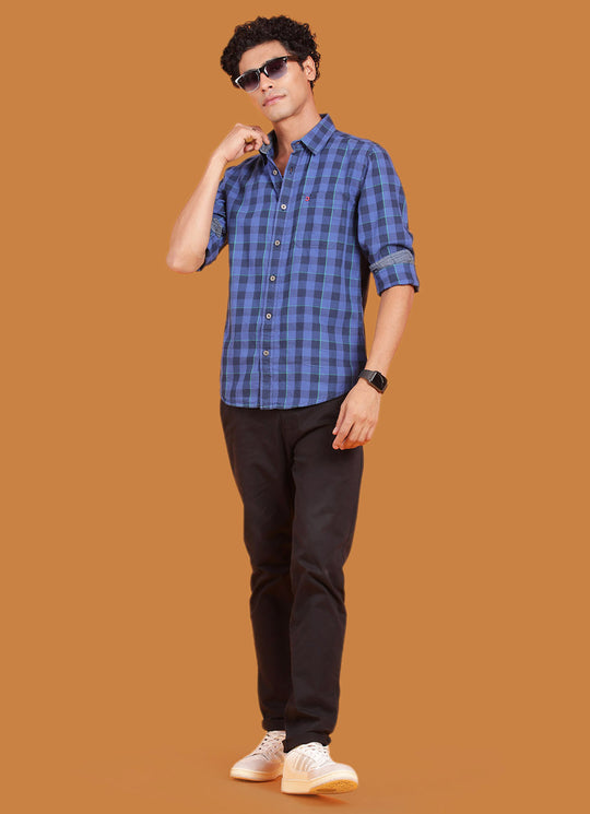 Blue Denim Slim Fit Checkered Shirt With Patch Pocket