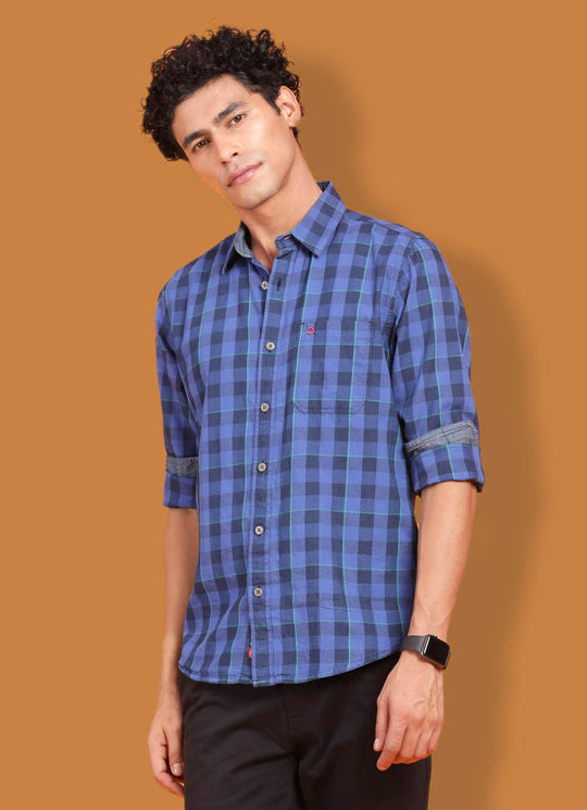 Blue Denim Slim Fit Checkered Shirt With Patch Pocket