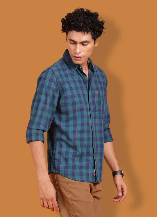 Green Denim Slim Fit Checkered Shirt With Patch Pocket