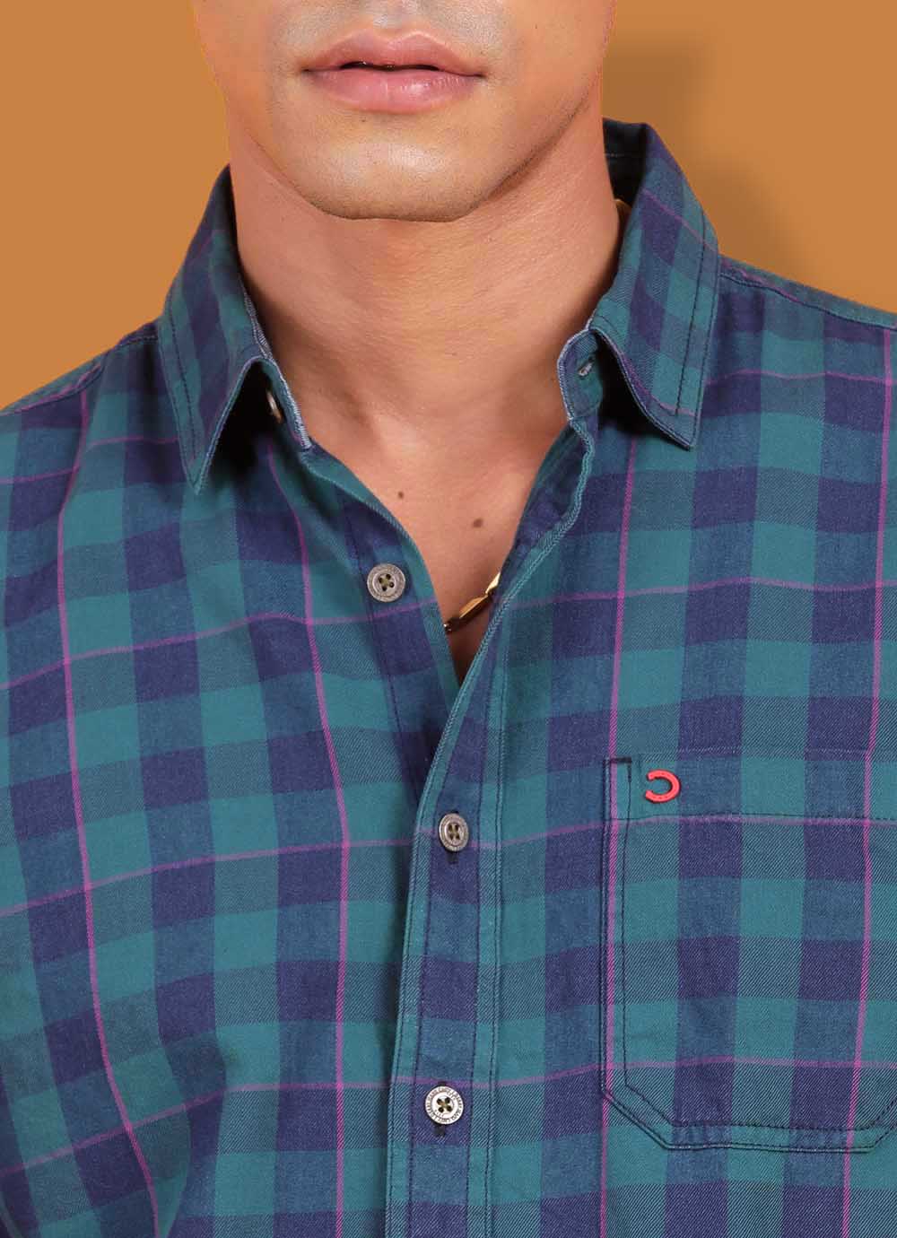 Green Denim Slim Fit Checkered Shirt With Patch Pocket