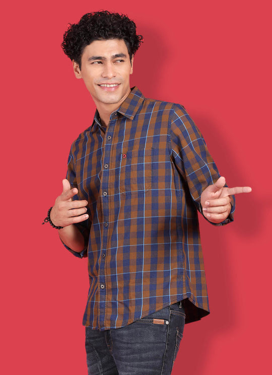 Mustrad Denim Slim Fit Checkered Shirt With Patch Pocket