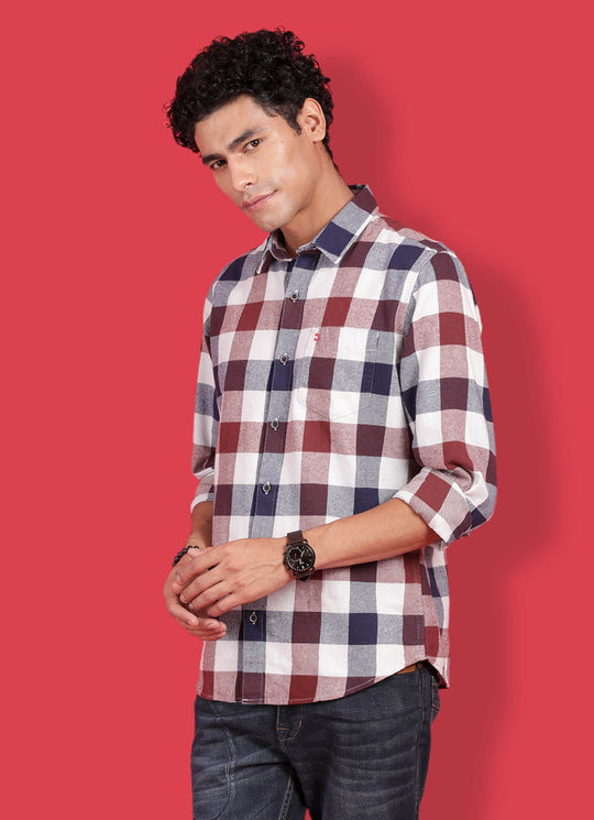Maroon Cotton Slim Fit Checkered Shirt With Patch Pocket