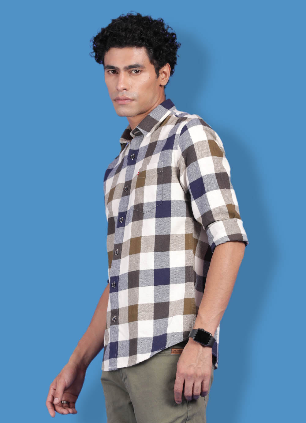 Olive Cotton Slim Fit Checkered Shirt With Patch Pocket