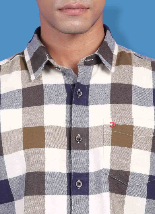 Olive Cotton Slim Fit Checkered Shirt With Patch Pocket