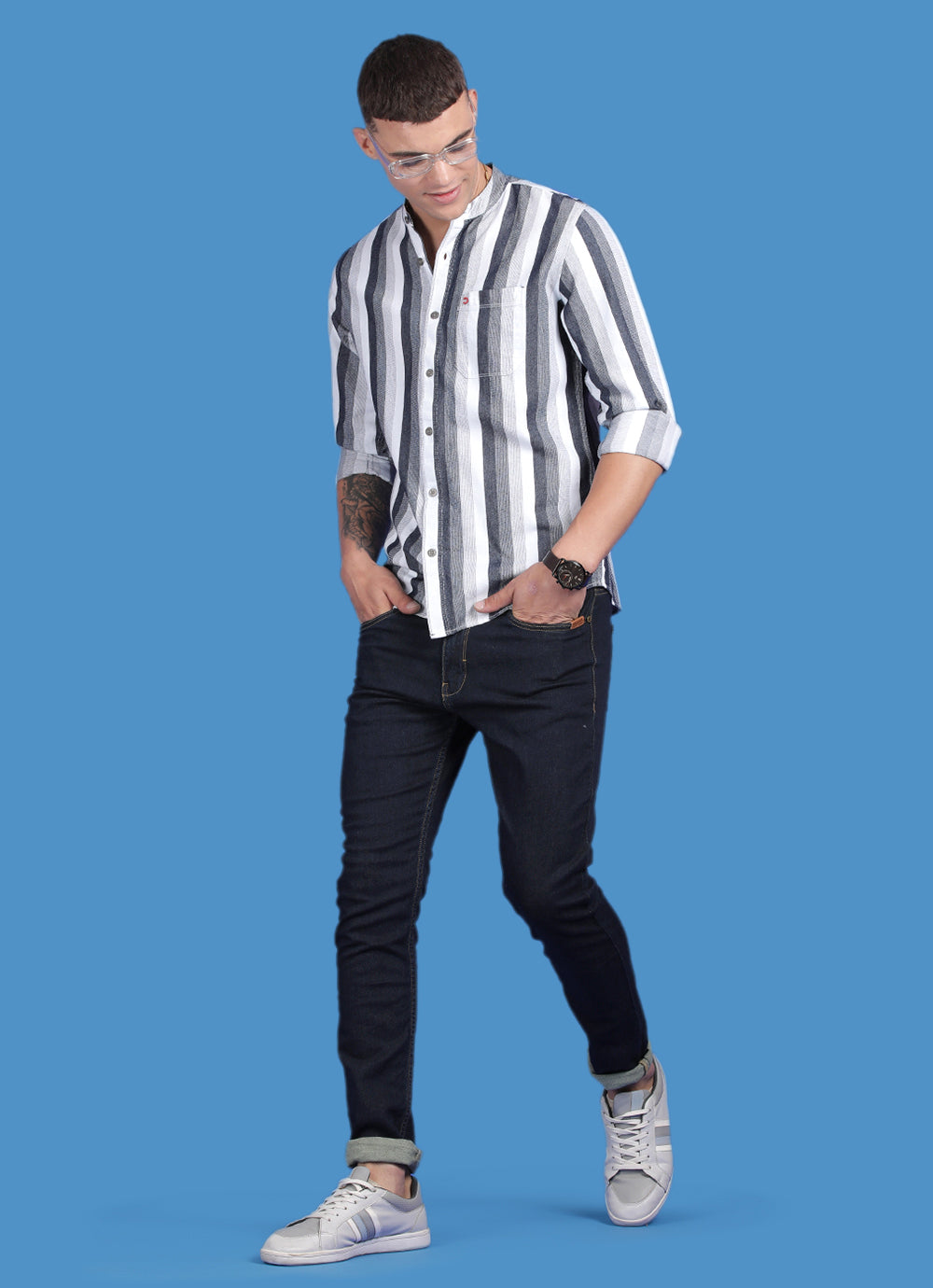 Grey Indigo Striped Slim Fit Shirt with Single Patch Pocket
