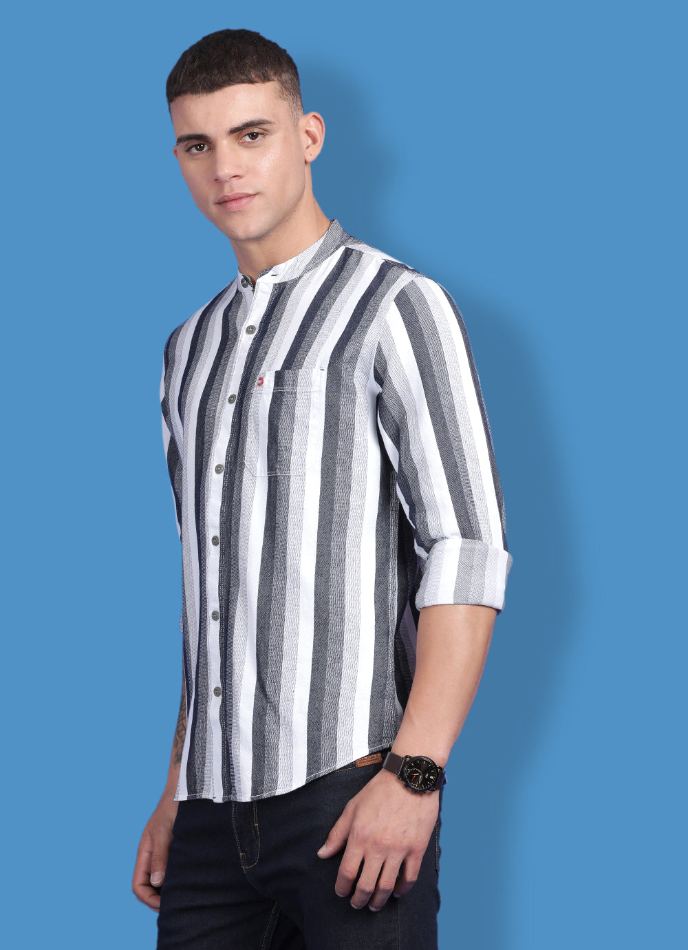 Grey Indigo Striped Slim Fit Shirt with Single Patch Pocket