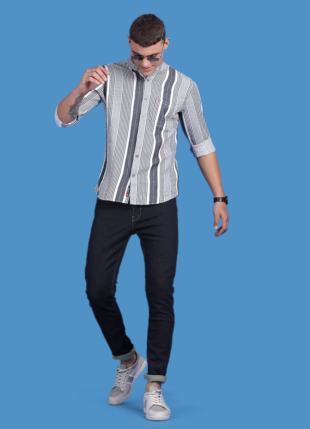 White Indigo Striped Slim Fit Shirt with Single Patch Pocket