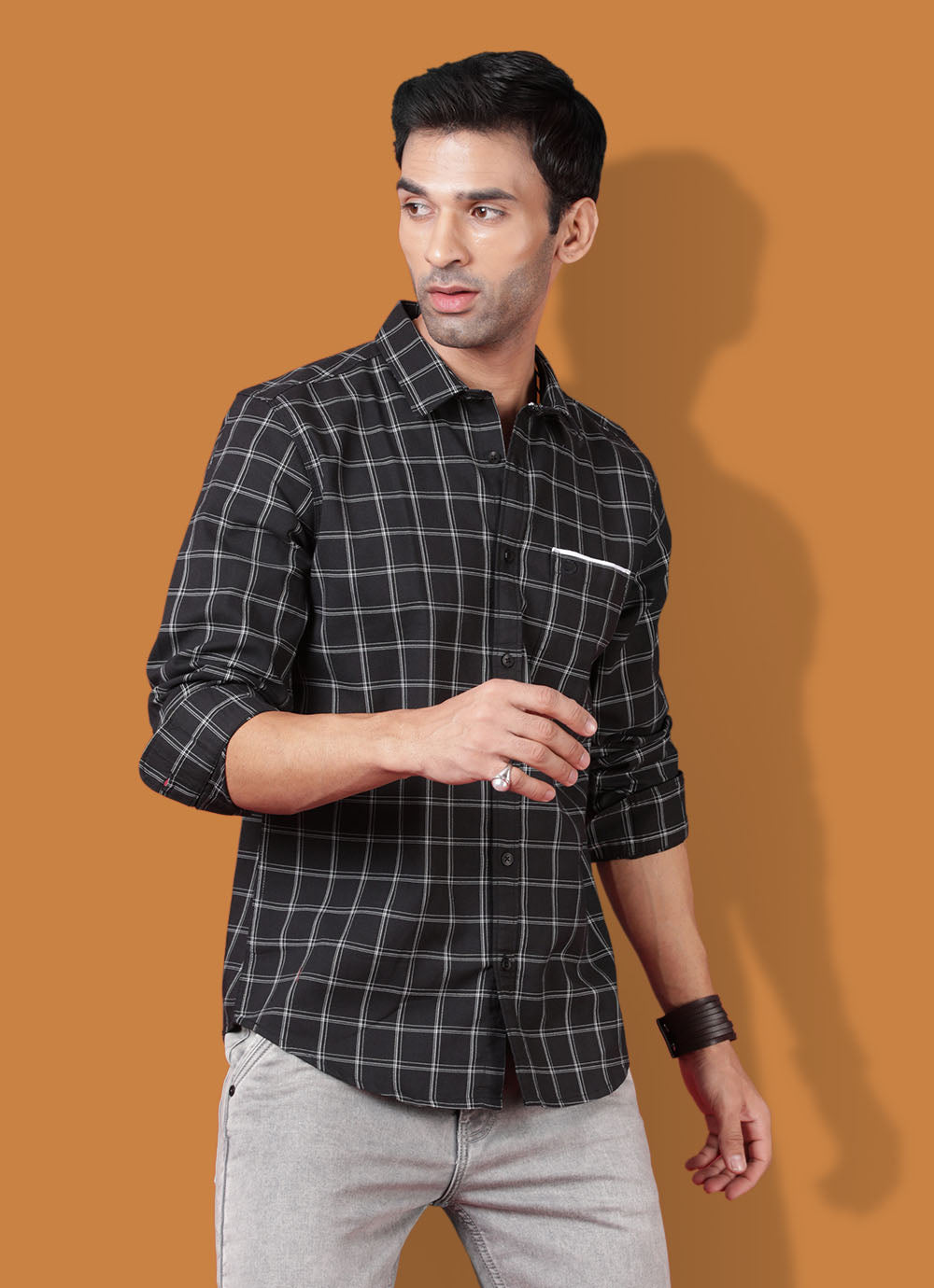Checkered Cotton Slim Fit Black Shirt with Patch Pocket