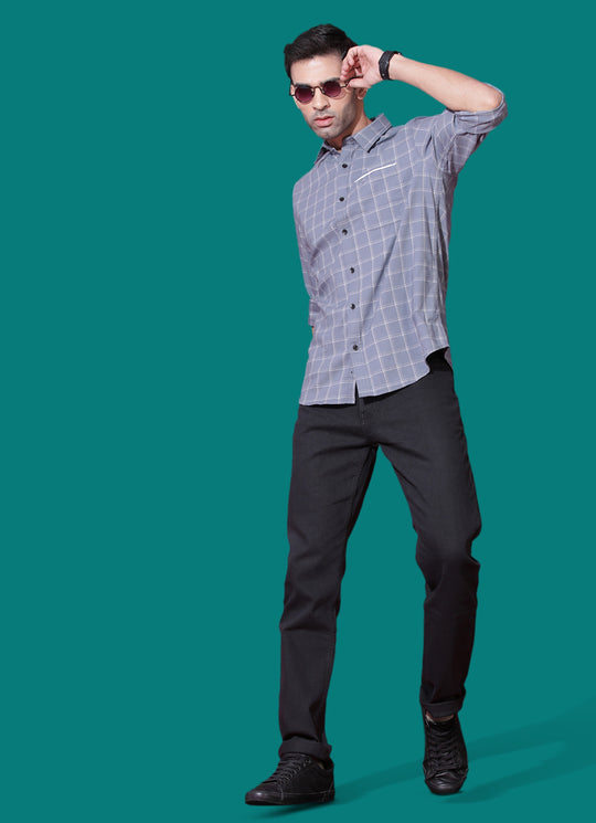 Checkered Cotton Slim Fit Grey Shirt with Patch Pocket