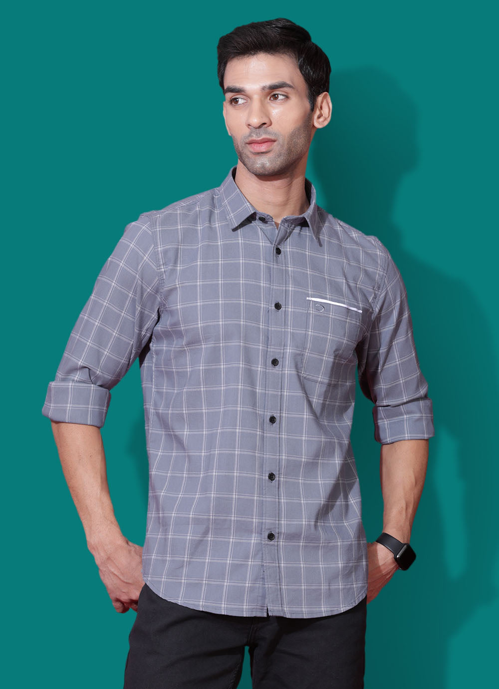 Checkered Cotton Slim Fit Grey Shirt with Patch Pocket