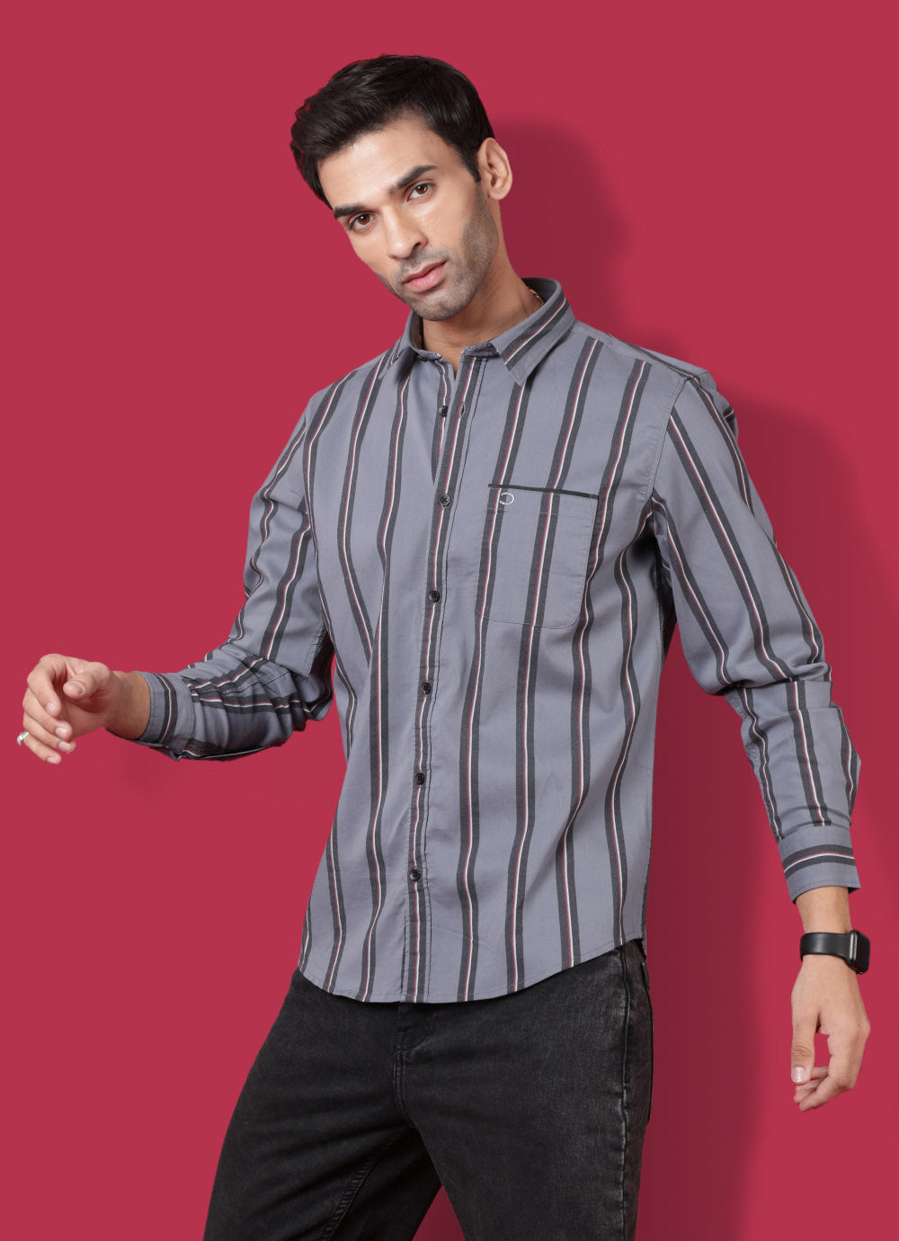 Striped Cotton Slim Fit Grey Shirt with Patch Pocket