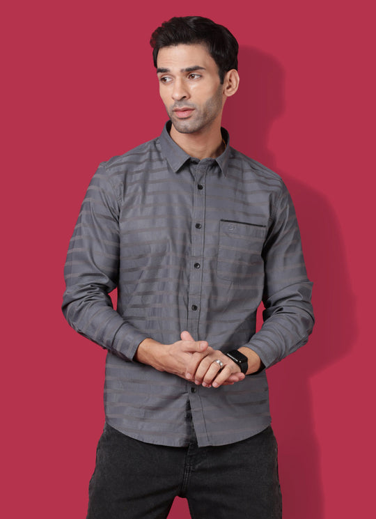 Striped Cotton Slim Fit Grey Shirt with Patch Pocket